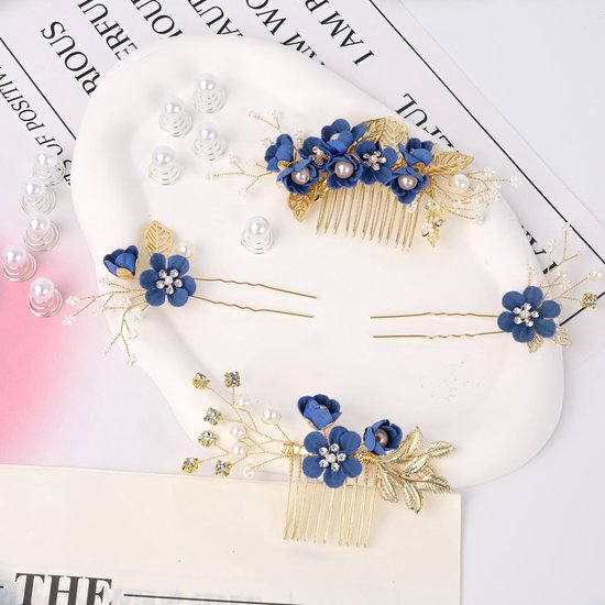Set blauwe haaraccessoires met bloemen, parels en strass, inclusief twee kammen en drie spelden.