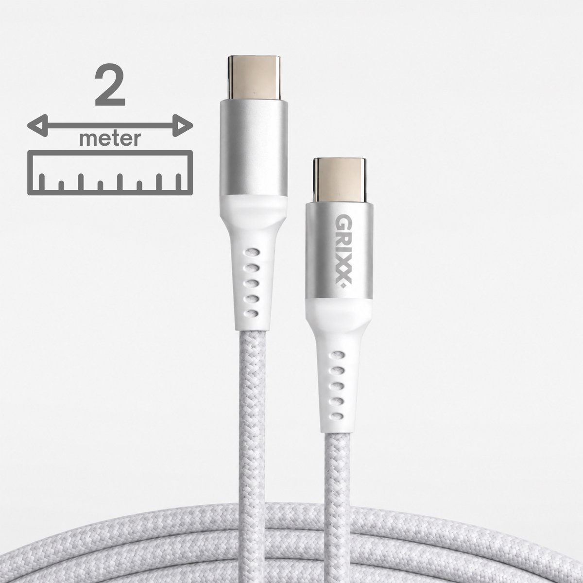 Grixx USB-C naar USB-C Kabel - 20W Power Delivery – Snelladen – 2 Meter – Nylon - wit