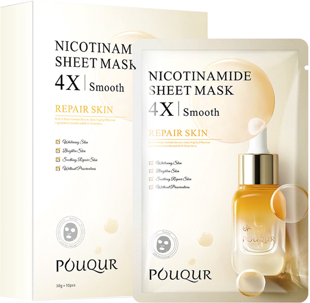 POUQUR Nicotinamide Sheet Mask – 10 Koreaanse Gezichtsmaskers met Niacinamide, Collageen & Hyaluronzuur – Hydraterend & Verhelderend