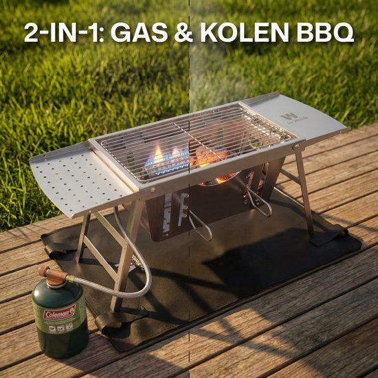 Camping BBQ gas en houtskool (2in1) kleine opvouwbare en draagbare mini barbecue - tafel BBQ / tafelbarbecue - gasbarbecue tafelmodel van Merkloos — afbeelding 2