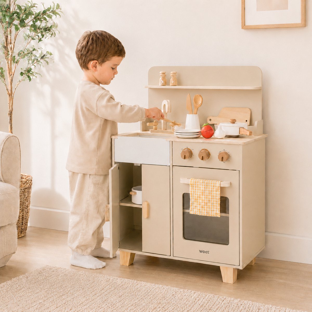 Woet® Houten Speelgoed Kinderkeuken Beige - Speelkeukentje met Pannen, Servies, Groente en Snijplank - Houten Speelkeuken - Werkbladhoogte 55 cm - Rollenspel - Vanaf 3 Jaar — afbeelding 6