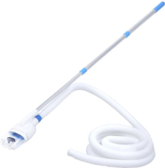 Aspirateur de piscine blanc avec manche télescopique et tuyau blanc.