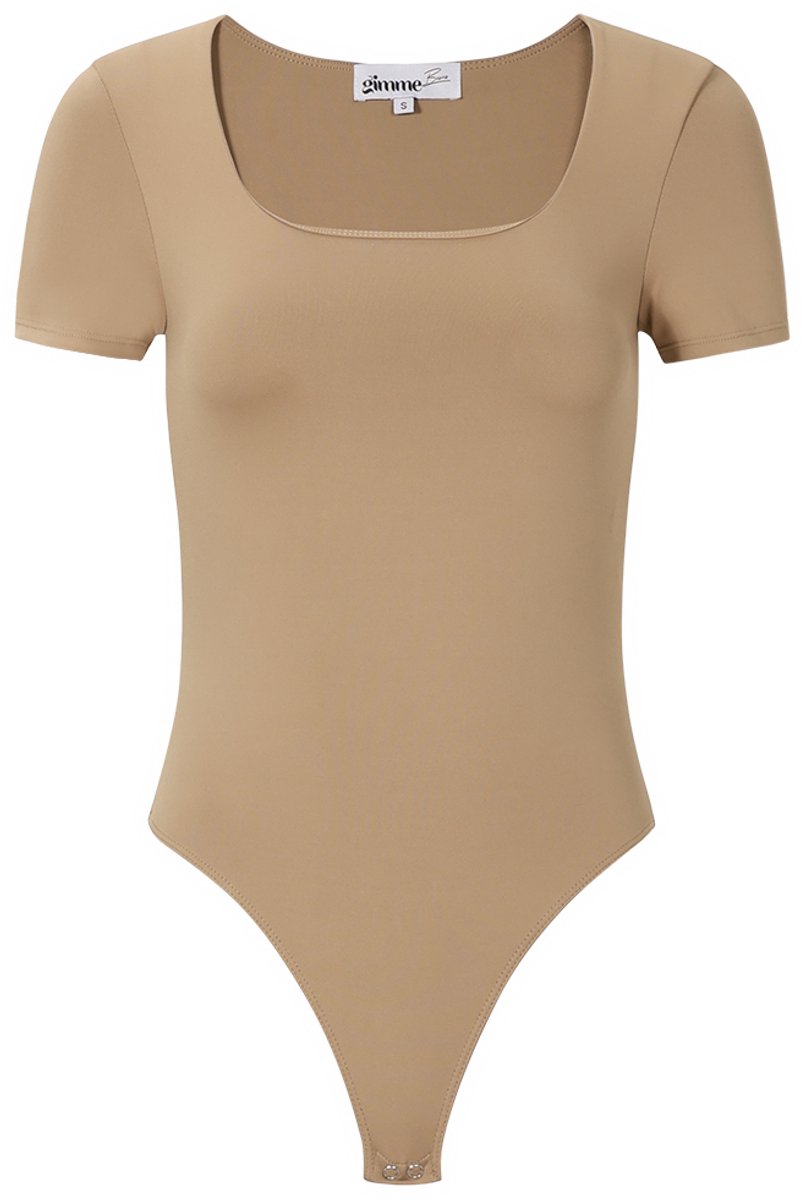 Seamless Basic T-shirt Body – Nauwsluitende Jumpsuit-Top – De Perfecte Basis voor elke Outfit - Licht Bruin - Maat M