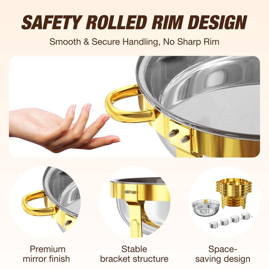 WARMOUNTS 4-delige Luxe Goudkleurige Ronde RVS Chafing Dish Set 4,7L – Buffetverwarmer voor Thuis, Party, Kerst, Feestdagen en Bruiloften — afbeelding 3