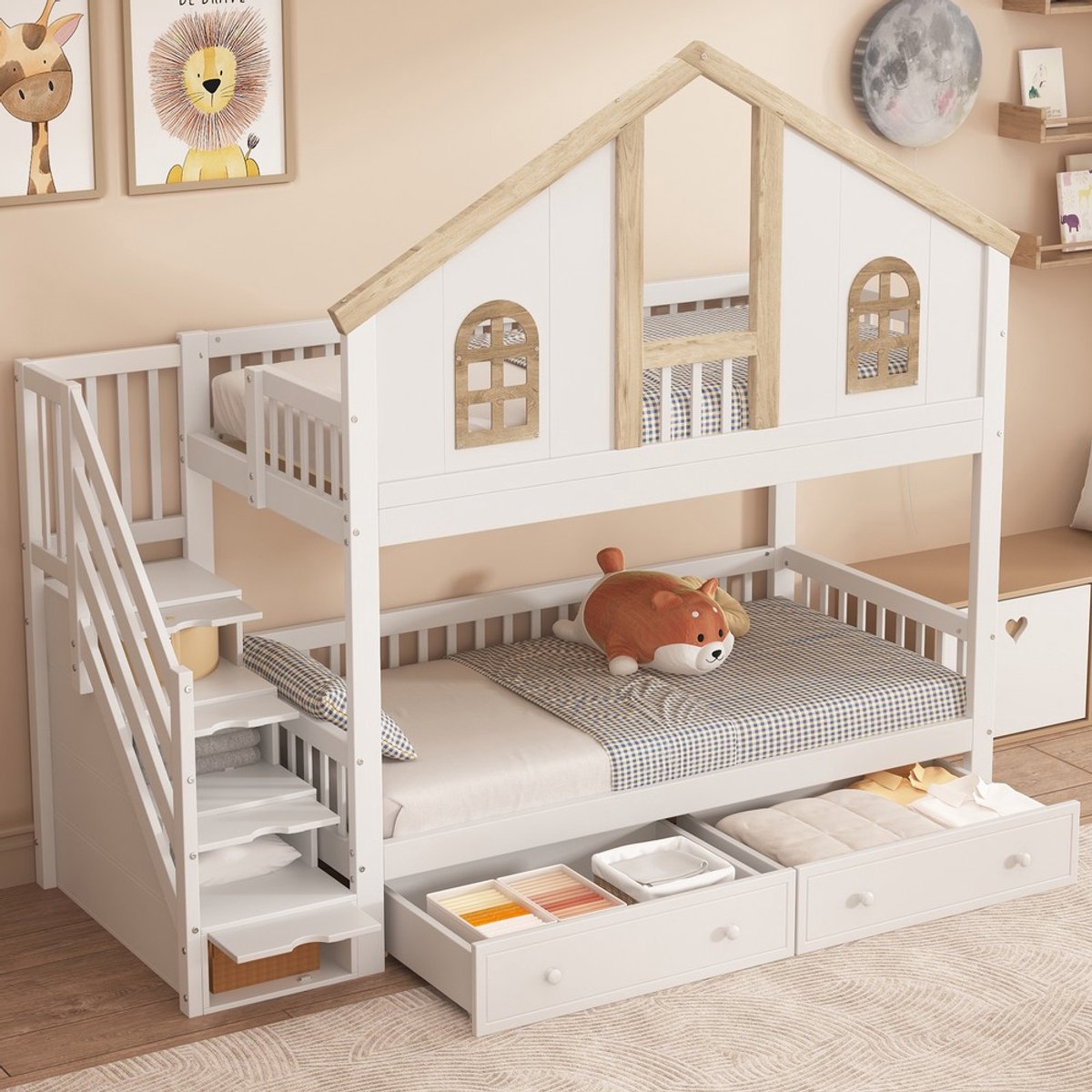 KOMHTOM Stapelbed - kinderbed - met contrasterend gekleurd valbeveiligingshek - met raam - twee lades met wieltjes - trap met 4 opbergvakken - grenen + MDF - wit + naturel - 90 x 200 cm Wit+Natuur