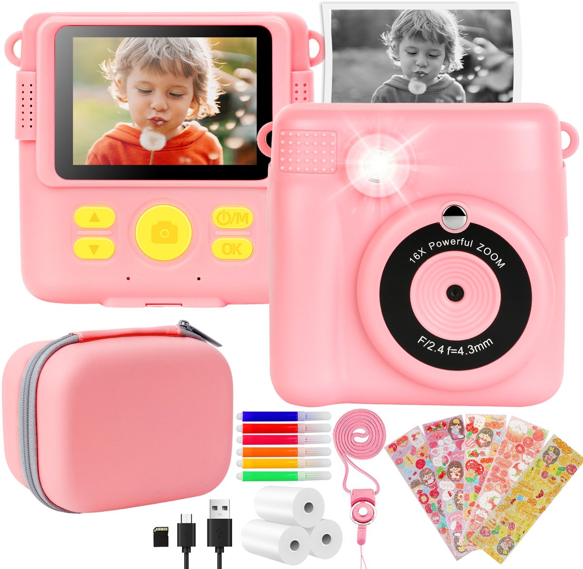Kindercamera met Instant Print voor Meisjes en Jongens - Digitale Camera met 1080P, 32GB, Opbergkoffer, Printpapier en 6 Kleurpotloden – Cadeau 3-12 Jaar (Roze)