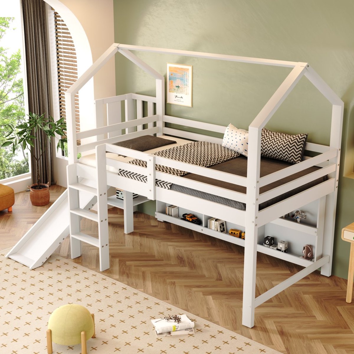 KOMHTOM Kinderbed - eenpersoonsbed - 90×200 cm - multifunctioneel kinderbed - met glijbaan - trap - opbergkastje en plank - zonder matras - massief hout + MDF - wit