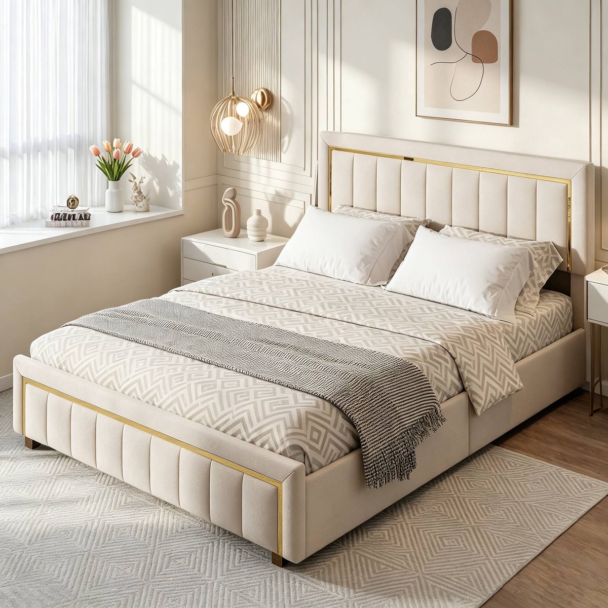 Gestoffeerd tweepersoonsbed 140 x 200 cm, hydraulisch opbergbed met lattenbodem en hoofdeinde, bedframe voor volwassenen, zonder matras, velours, beige