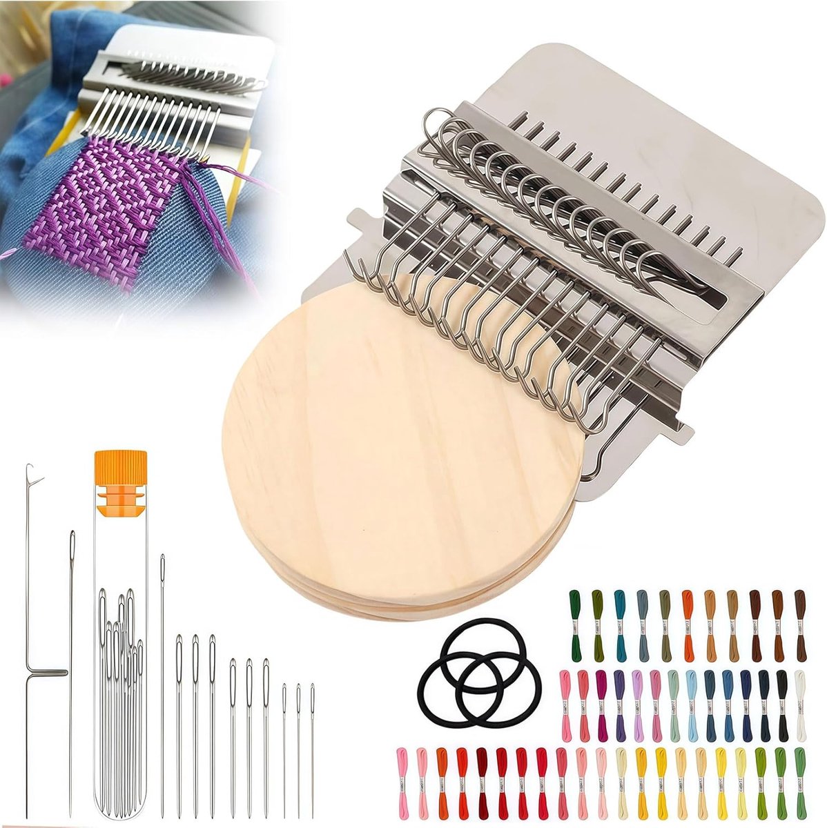 Mini Stopweefgetouw - Stopraam - Naaimachine - Handnaaimachine - Kleine patchmaker breiset - Weefgereedschap - Naaigereedschap - Doe Het Zelf Reparatieset - Met 14 haken en 36 naaigaren - Voor Reparaties Aan Kleding & Sokken