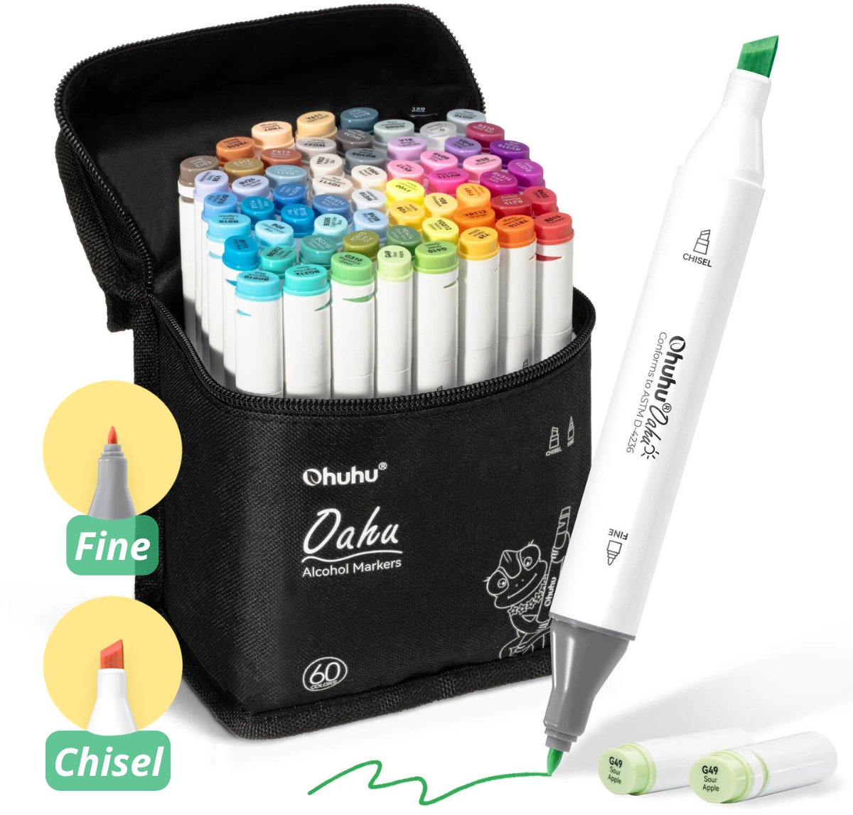 Ohuhu - Oahu Fine & Chisel - Alcohol Art Markers - 60 kleuren