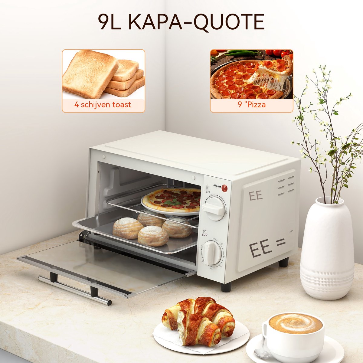 Mini oven - Compacte elektrische oven - Instelbare temperatuur 100-230°C - 60 min timer - 9 liter - Voor camping en kleine keuken - 35x24,6x20 cm - Crèmewit – foto 4