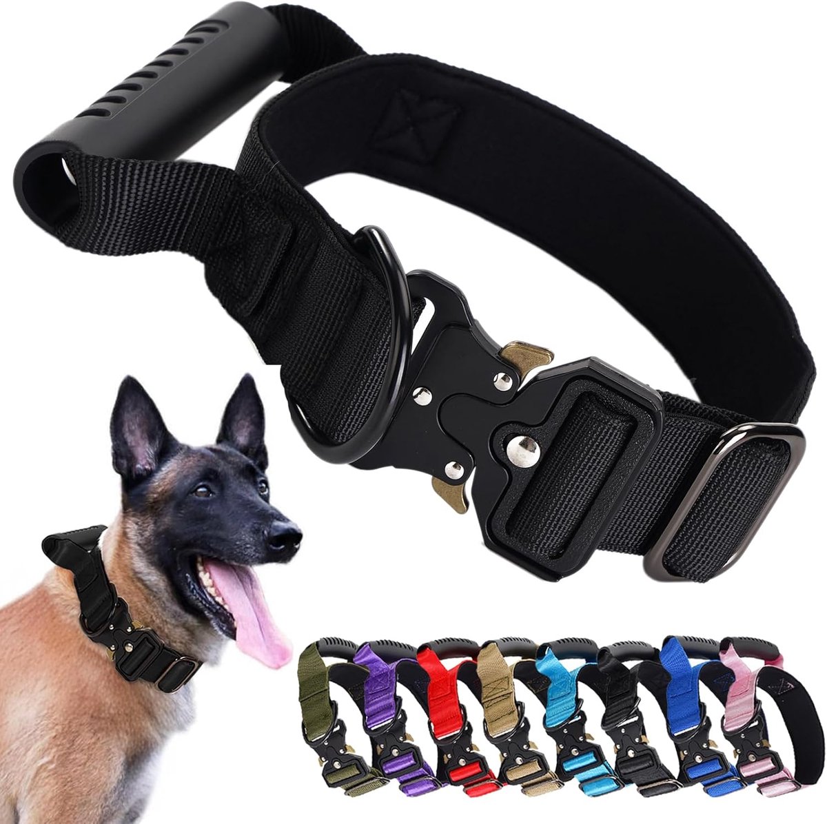 COOAU - Tactische Hondenhalsband met Handvat - Stevig Nylon Halsband met Snelsluiting Metalen Gesp - Verstelbaar Militair Halsband voor Grote Honden Training