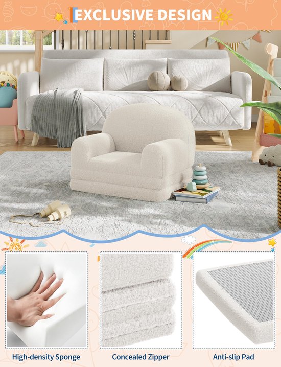 Triumpunpre 2-in-1 Opvouwbare Kindersofa & Lounge Fauteuil - Zachte Teddyfleece Kinderstoel met Verwijderbare Hoes - Semi-Circulair Design - Inklapbare Kinderbank als Loungebank - Roze — afbeelding 2