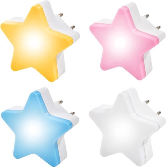 Vier sterlampjes in geel, roze, blauw en wit, getoond met stekkers.