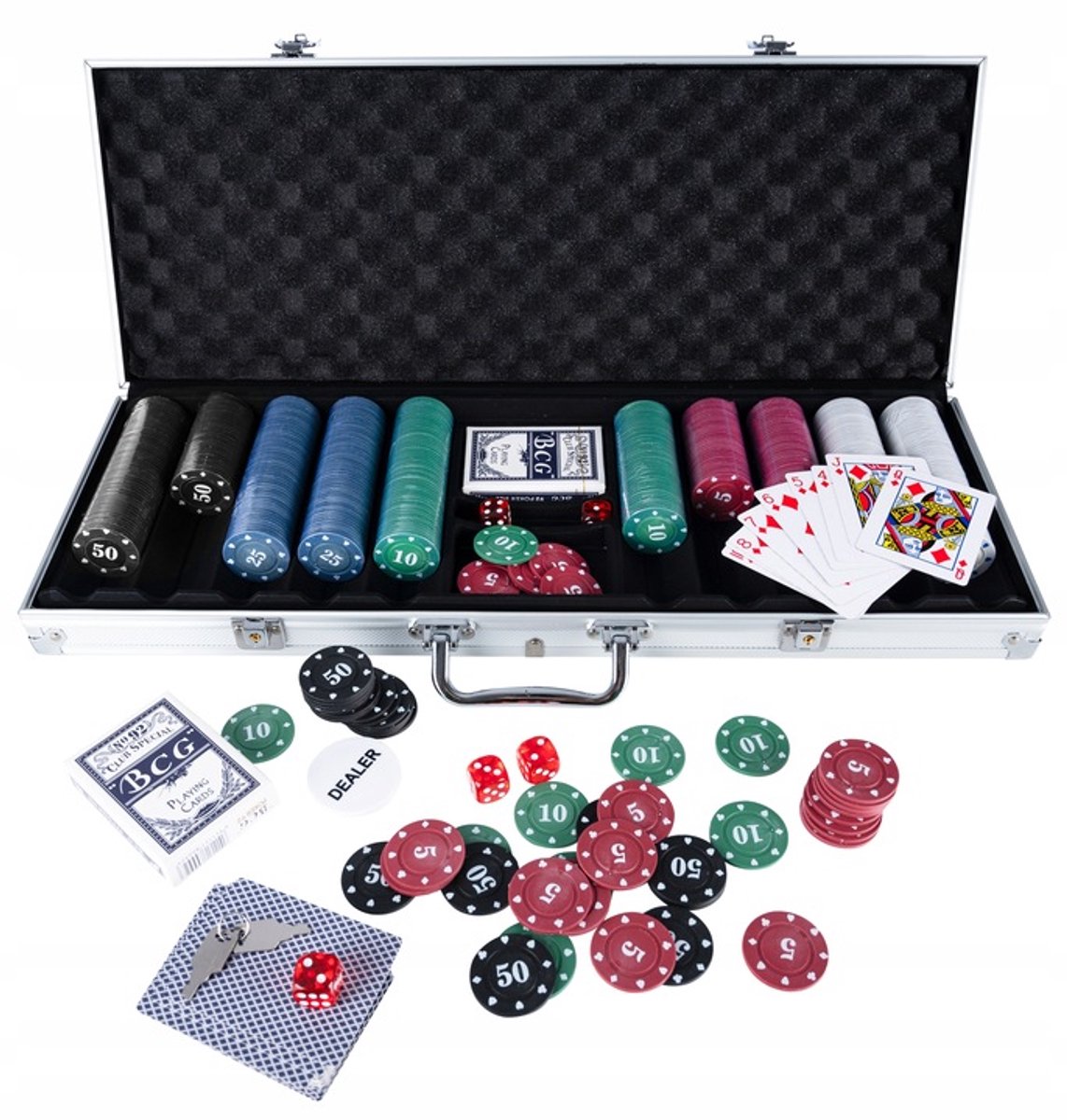 Poker Texas Hold'em Set: 500 Chips, 2 Decks, 5 Dobbelstenen, Aluminium Koffer