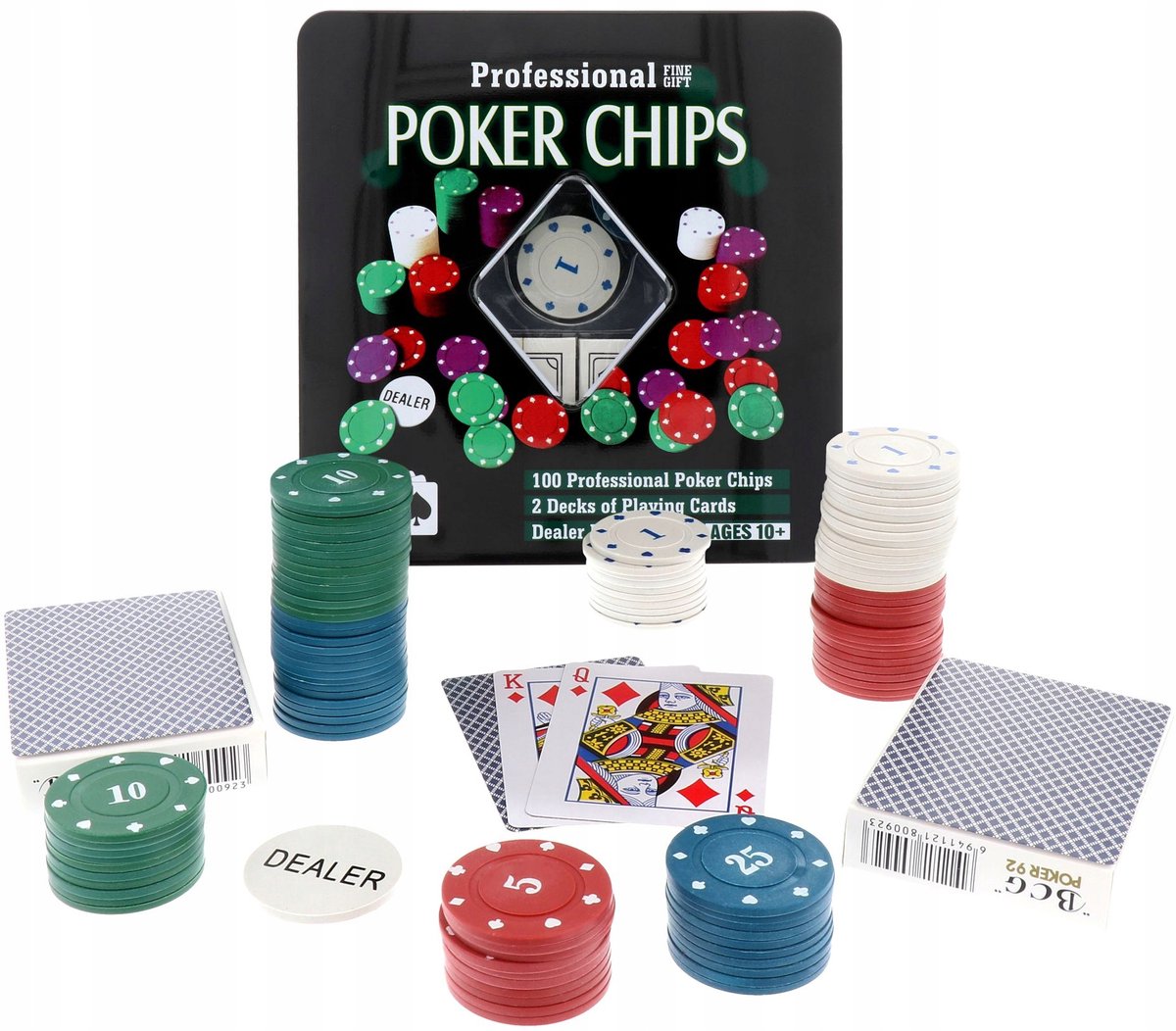 Pokerset: 100 fiches, 2 kaartspellen, dealerchip en luxe koffer