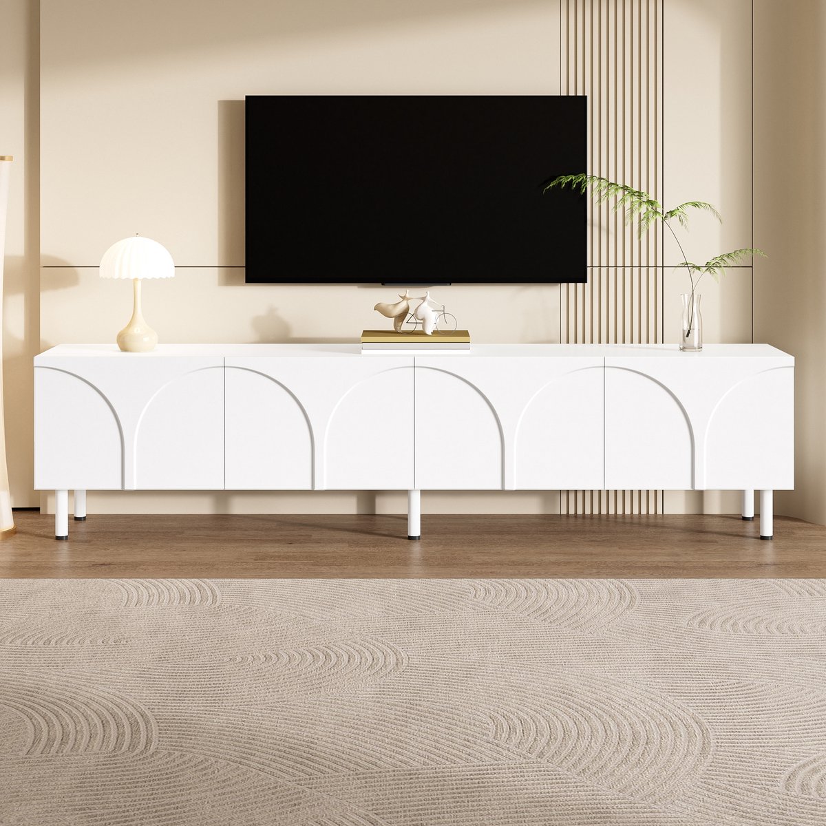 HAUSS SPOLE Tv Meubel - Met 4 Deuren En Gebogen Front - Opbergkast Voor Woonkamer - MDF En Spaanplaat - 180x35x49 Cm - Wit