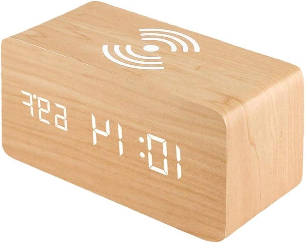 Digitale Wekker - Houten Klok - Wakker Worden - Draadloos Opladen - 3 Alarmen - Beige