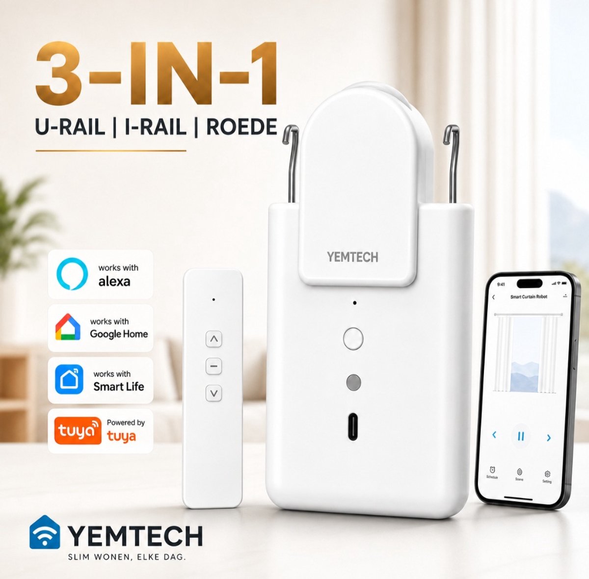 Yemtech® Slimme Gordijnmotor 3-in-1 Bluetooth - Gordijnrobot met Afstandsbediening - Voor U-rail, I-rail en Roede - Wit