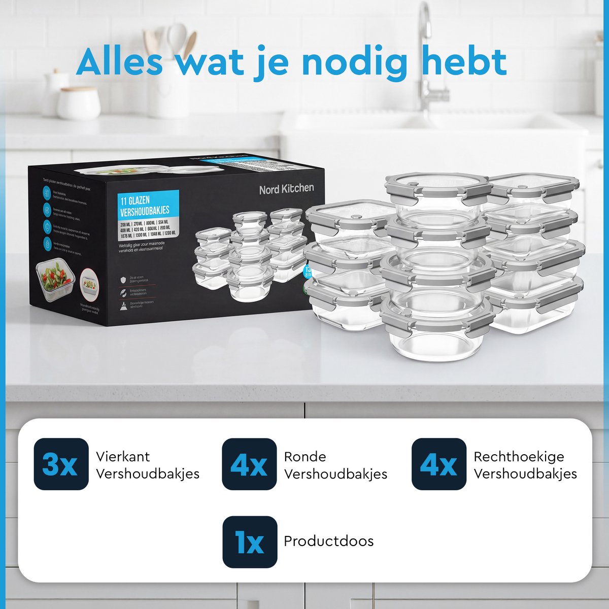 Nord Kitchen Vershoudbakjes Set van 11 - met Glazen Stoom Deksel - Meal Prep Bakjes - Diepvriesbakjes Volledig Glas - Luchtdicht - 11 Stuks - 320ML t/m 1520ML — cadeau in Cadeau-ideeën - foto 6