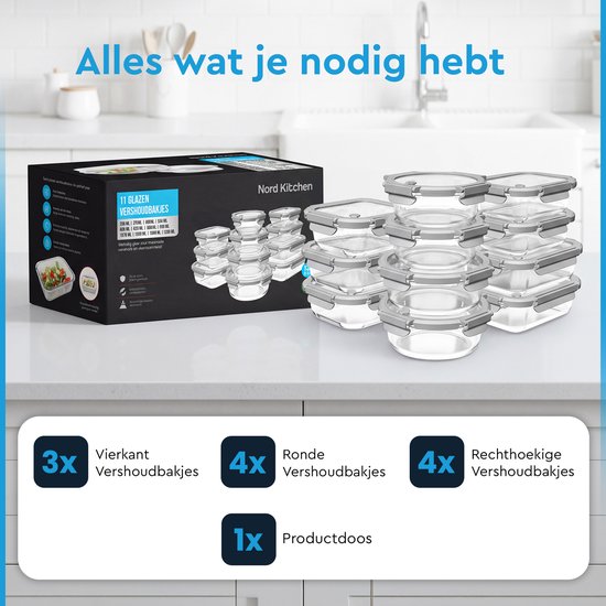 Nord Kitchen Ensemble de boîtes de conservation Set de 11 - avec Couvercle en verre avec vapeur - Boîtes Meal Prep - Boîtes congélation Entièrement en verre - Hermétique - 11 pièces - 320ML à 1520ML