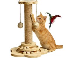 Houten krabpaal - 4-in-1 krabplank - Binnenspeelgoed voor katten - Sisalpaal - Dubbellaagse houten ballenbaan - Geschikt voor kleine tot middelgrote katten