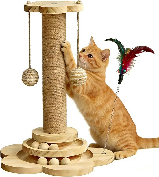 Chat roux griffe un arbre à chat en bois avec poteau en sisal, 2 balles en sisal, plume sur ressort et piste de billes en bois.
