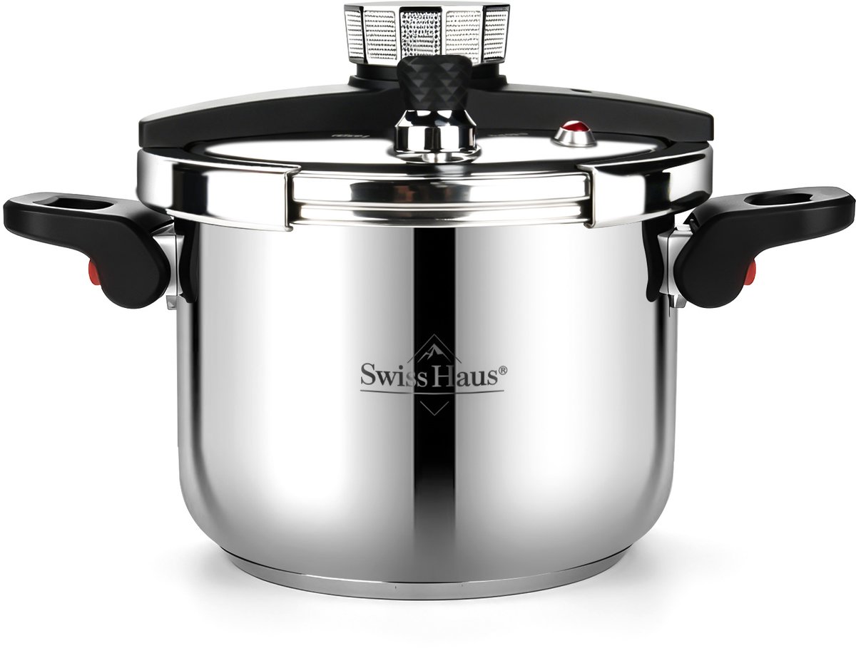 Swiss Haus® PCB8L Snelkookpan Inductie - 8 Liter / Ø 22 cm - PFAS Vrij - RVS Snelkookpannen Voor Alle Warmtebronnen - Pressure Cooker - Instant koken - Eenhandig Mechanisme - RVS