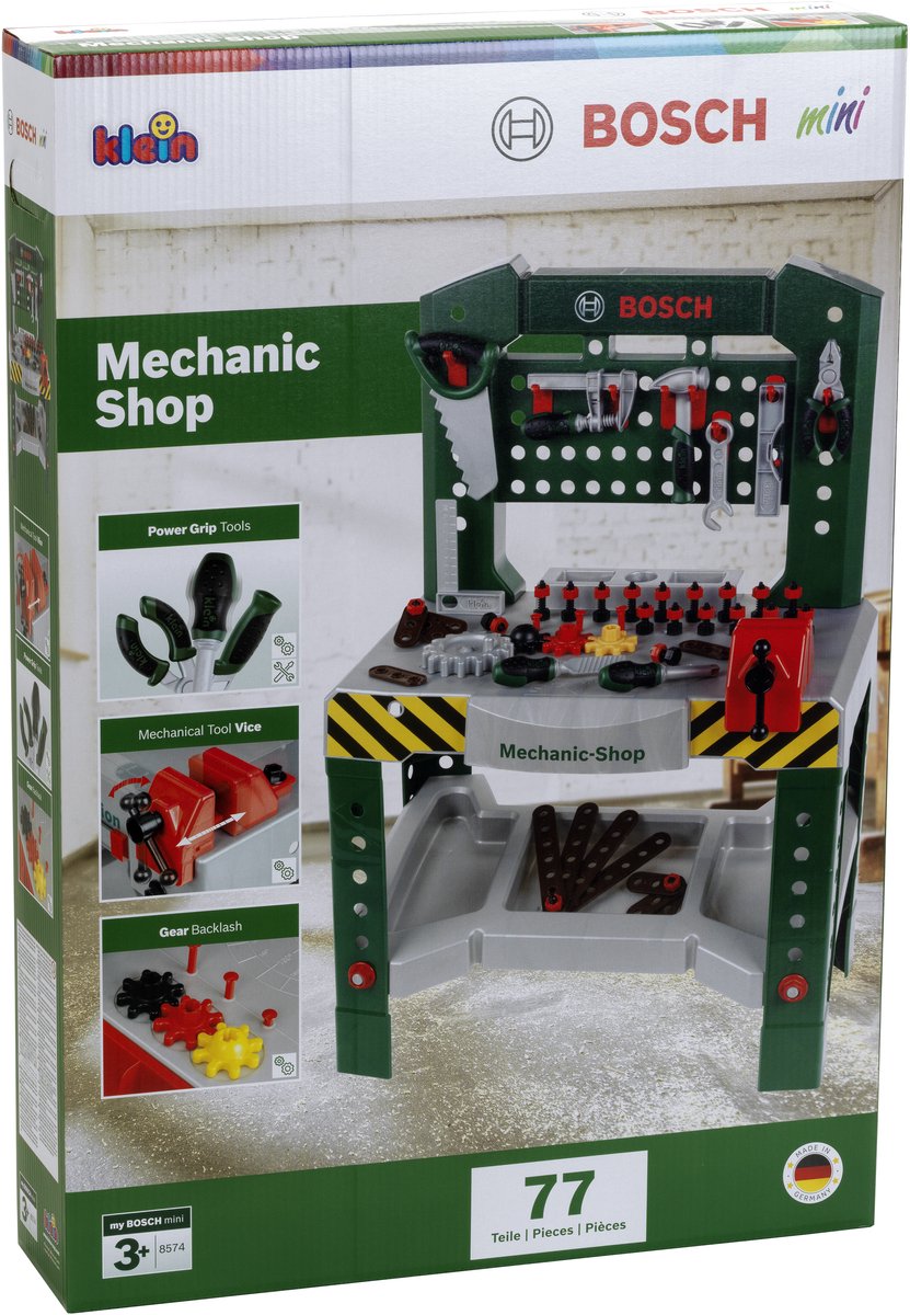 Klein Toys Bosch mini speelgoed werkbank – 77 delig – met veel accessoires - met leerfuncties – donkergroen — afbeelding 5