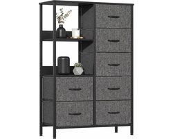 Ladekast / Opbergkast voor Slaapkamer, Woonkamer & Gang – Hoge Kast – Met 7 Stoffen Lades & 2 Open Planken – Ruimtebesparend, Stabiel & Overzichtelijk - Metaal & MDF - Donkergrijs / Zwart - 80x30x116 cm