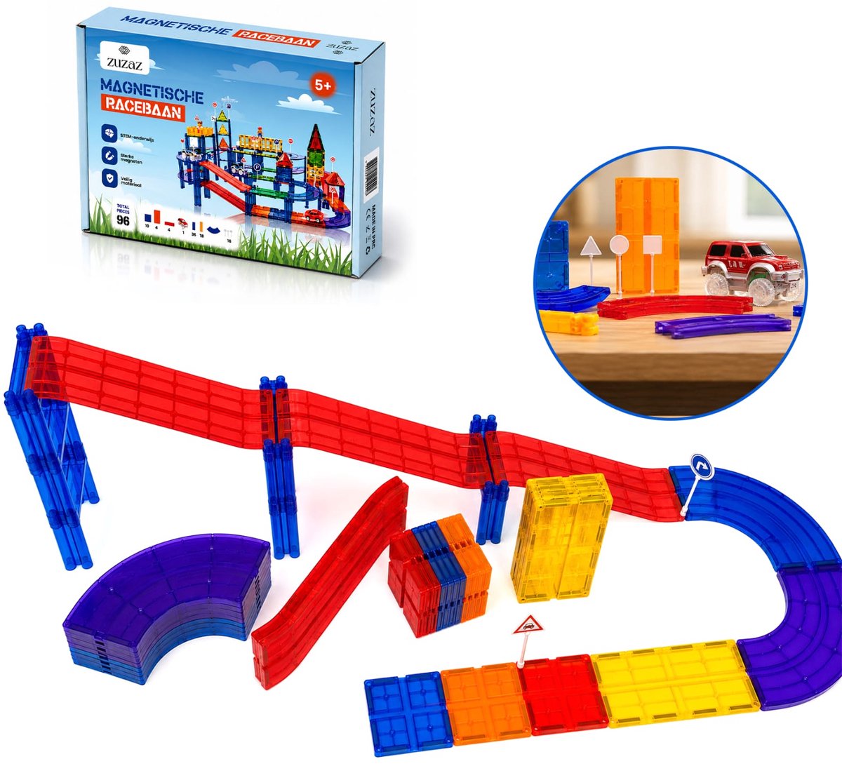 ZUZAZ® Magnetic Tiles Racebaan 97-delig – Magnetisch Constructiespeelgoed met Auto Racebaan – Educatieve Bouwset Kinderen – STEM Speelgoed – DIY Magnetische Tegels – Unisex Bouwset