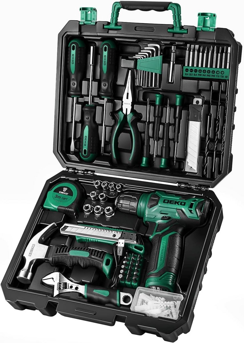 Gereedschapskist met boor - Klusset - Huis en tuin - 126-delig - 8V boor - Groen
