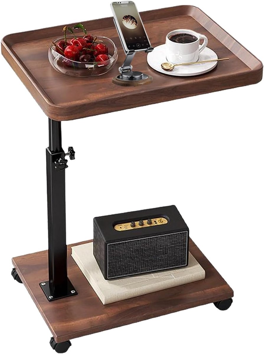 Verstelbare bijzettafel - Draaibaar tafelblad - Werken en lezen - Met wieltjes - 40x30 cm - Bruin