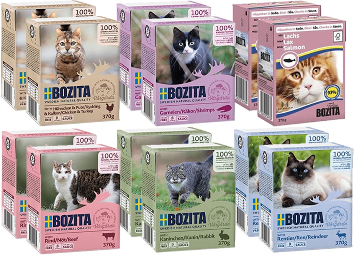 Bozita - Natvoer voor Katten - Vleesstukken in Saus - Mix Smaken - 12x370g