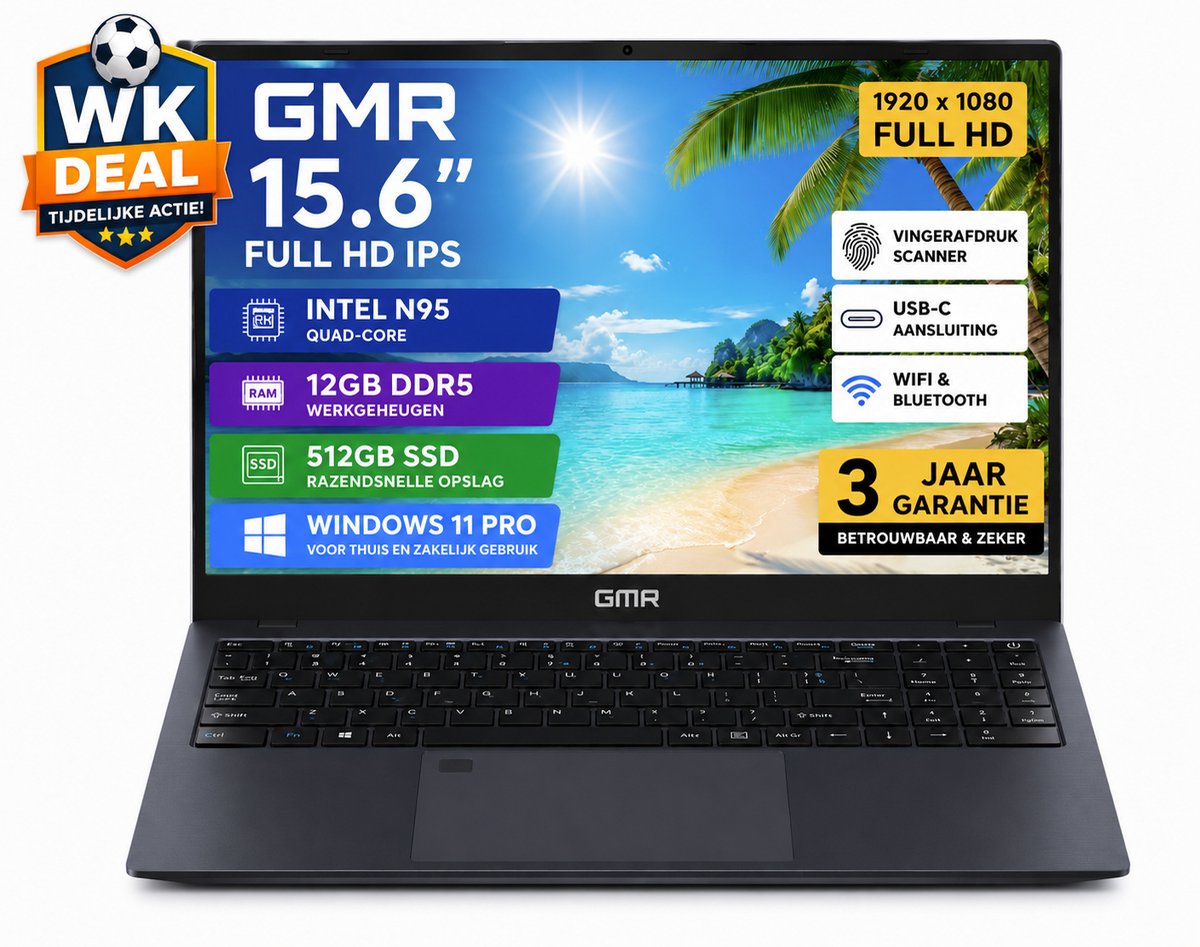GMR 15.6 Inch Full HD Laptop | Windows 11 Pro | 12GB DDR5 RAM | 512GB SSD | Intel N95 | Vingerafdrukscanner | Direct Klaar voor Gebruik | Voor Thuiswerk, Studie, School, Internet, Teams, Zoom & Kantoor