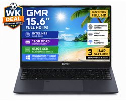 GMR 15.6 Inch Full HD Laptop | Windows 11 Pro | 12GB DDR5 RAM | 512GB SSD | Intel N95 | Vingerafdrukscanner | Direct Klaar voor Gebruik | Voor Thuiswerk, Studie, School, Internet, Teams, Zoom & Kantoor