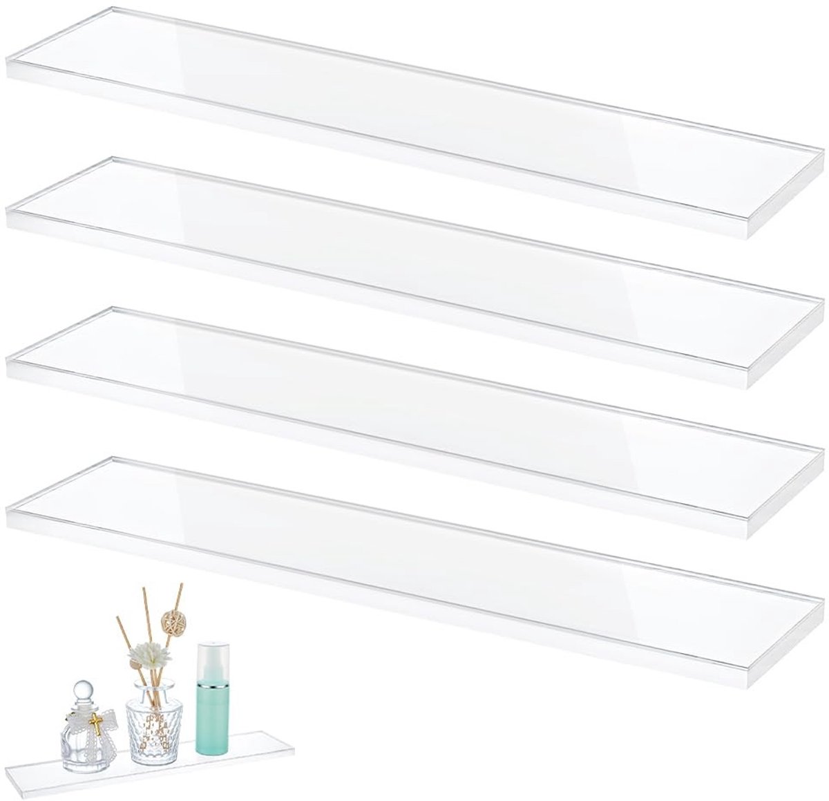 Dailygoods- Opbergplanken 4 Stuks - Transparant Acryl - Wandgemonteerde Planken - Organisatoren - Display Risers - 33 x 7,6 x 1 cm - Displayplanken