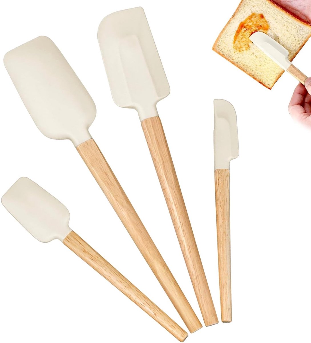 Keukenspatel - 4 stuks deegspatels - Keuken-schraper met beukenhouten handvatten - 4 maten - Zachte siliconen spatels voor glas - Mixer - Bakken - Jam schilderen