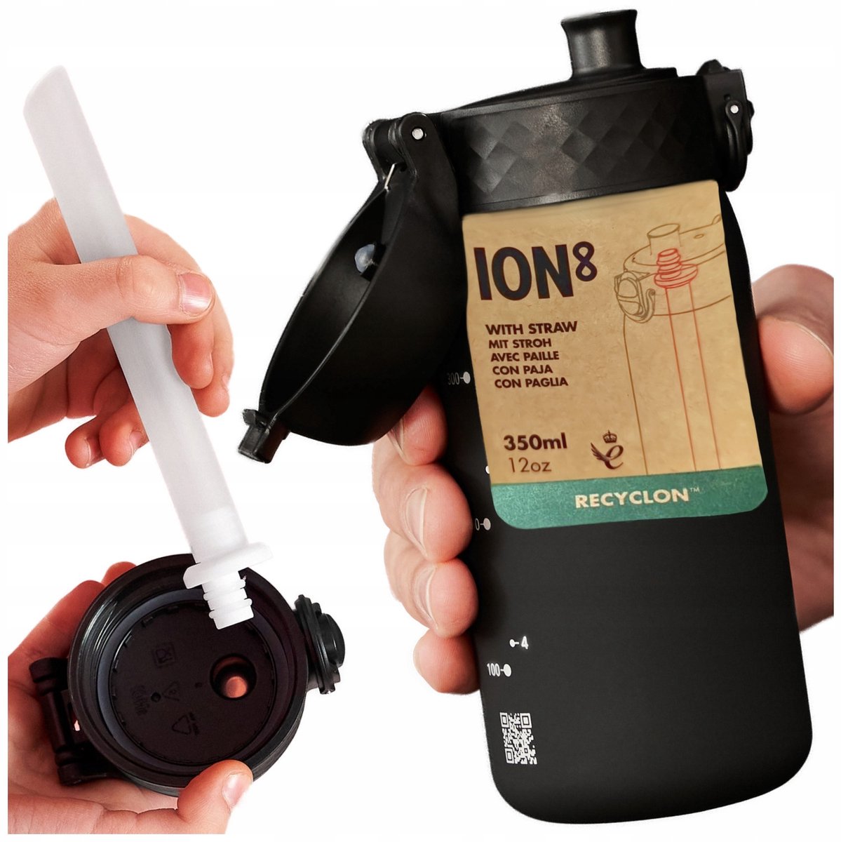 ION8 Bidon met Rietje & Tuit - 350ml - Zwart - BPA-vrij