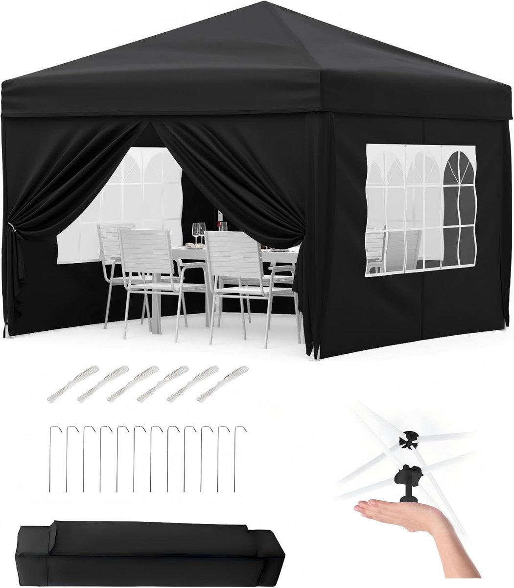 Tuin Paviljoen - Partytent met Zijwanden - 3x3m - Opvouwbaar Waterdicht Pop-up - Hoogte Verstelbaar - Voor Tuinfeest, Camping, Bruiloft, Terras - Zwart