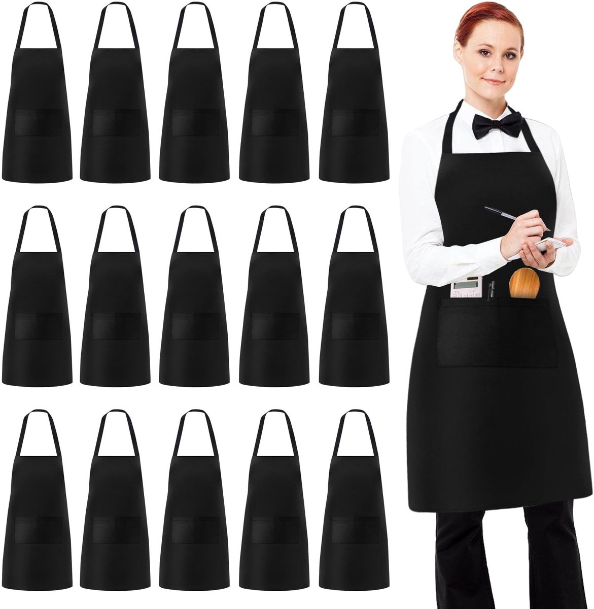 Dailygoods- Kookschort 15 Stuks - Zwart Schort met 2 Zakken - Verstelbaar Nekbandschort - Wasbaar - Uniseks - Hoogwaardig Polyester - Keukenschort