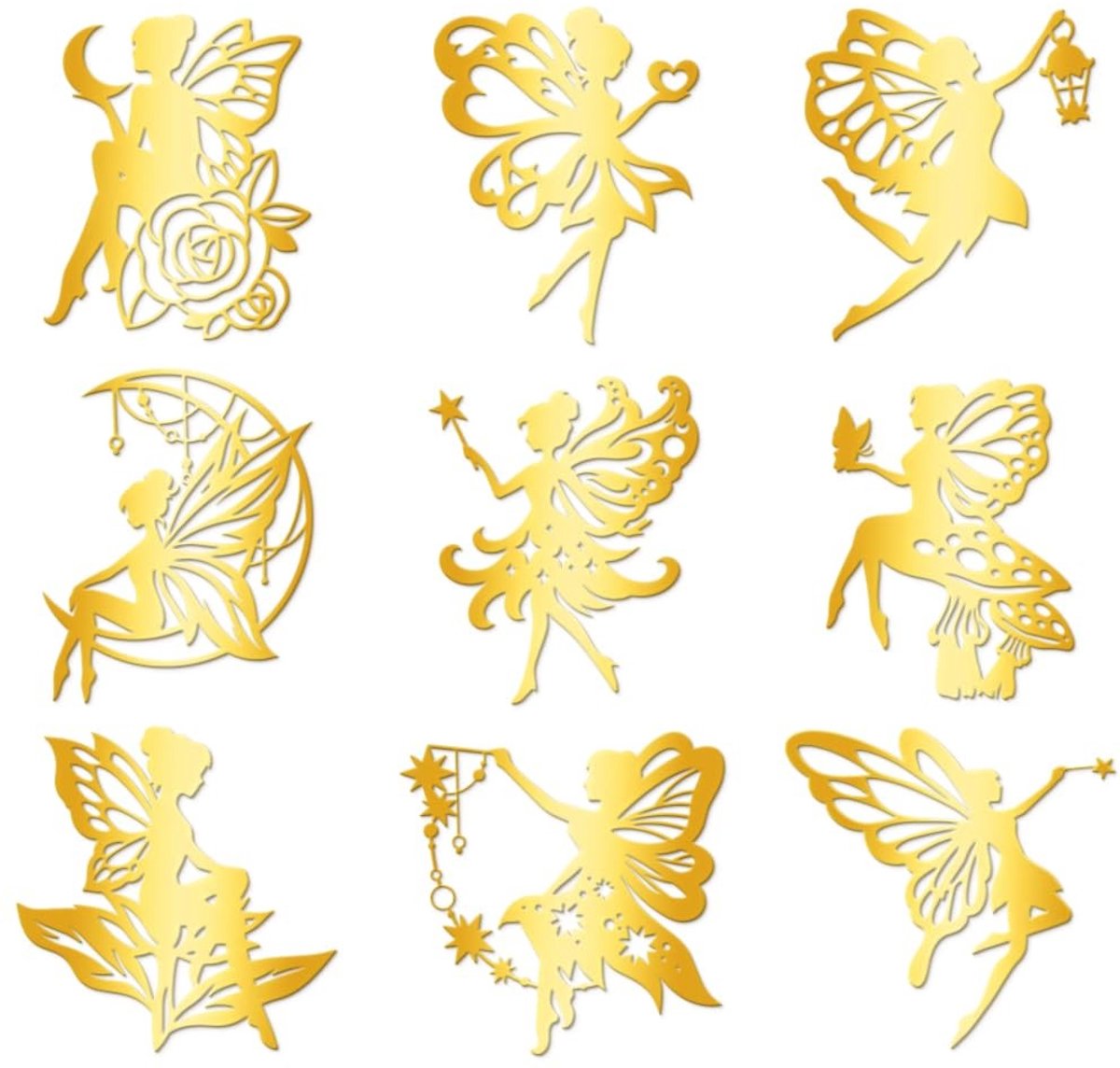 Dailygoods- Decoratiestickers 9 Stuks - Gouden Zelfklevende Stickers - Waterdicht - Feeën/Paddenstoelen - Telefoon/Waterflesdecoratie - 4 x 4 cm