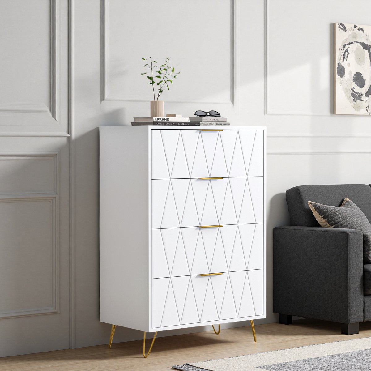 ROSAHQNDA Ladekast - Opbergkast met 4 lades - Moderne stijl - Geschikt voor woonkamer, slaapkamer, hal - Wit