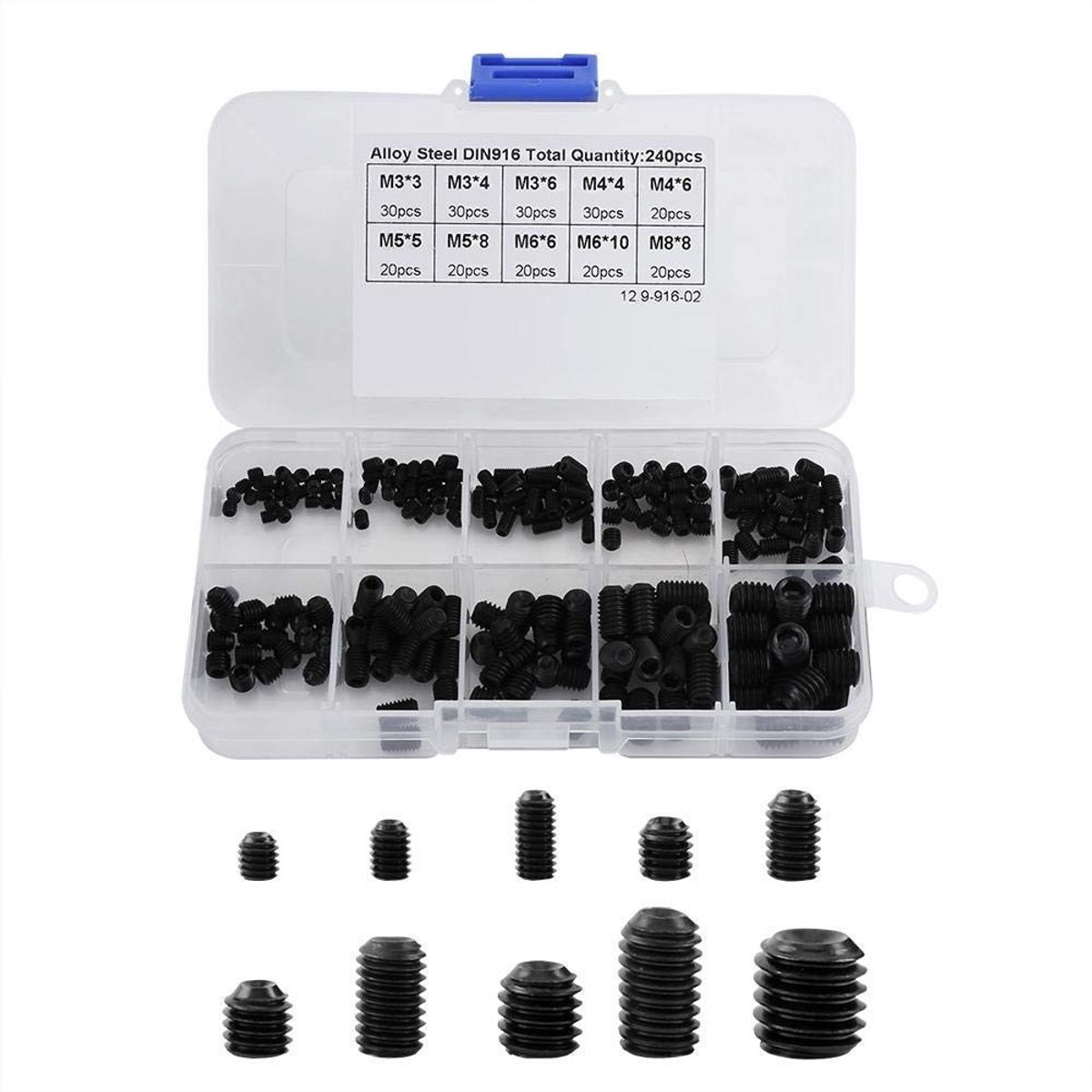 BRENZOOS- Zeskantschroeven 240 stuks - Schroefdraadinzet DIN916 M3-M8 - Legering Staal - Doos 132x70x20 mm - Geschikt voor Hout/Plastic - Schroeven