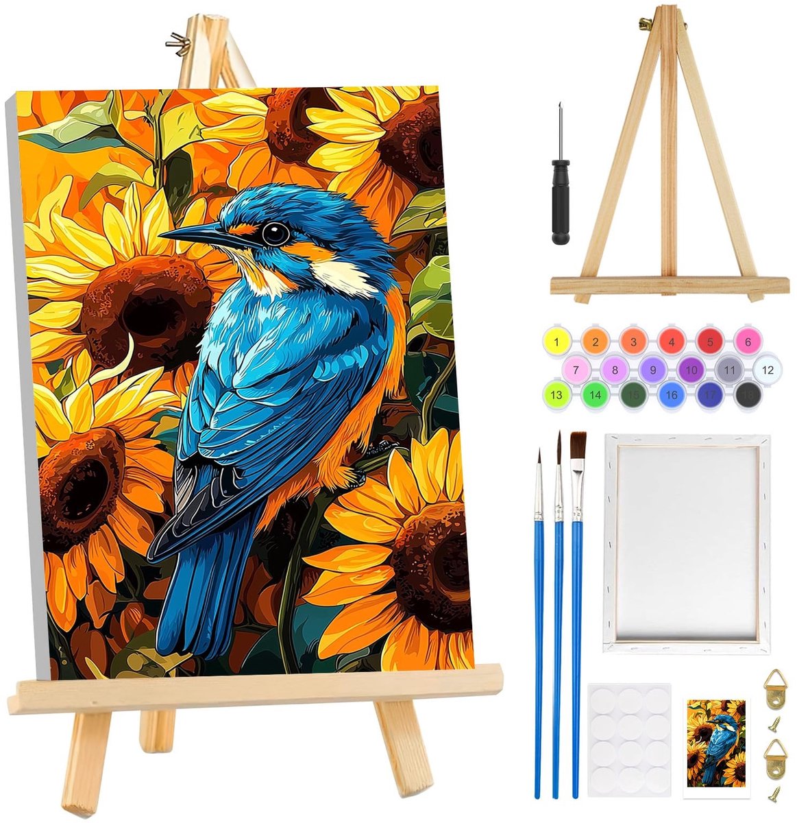 BRENZOOS- Schilderen op Nummer - Vogels Schilderen - Zonnebloem Schilderen - Doe-Het-Zelf Olieverfschilderij - Canvas 8 x 30,5 cm - Inclusief Frame en Ezel - Verfset