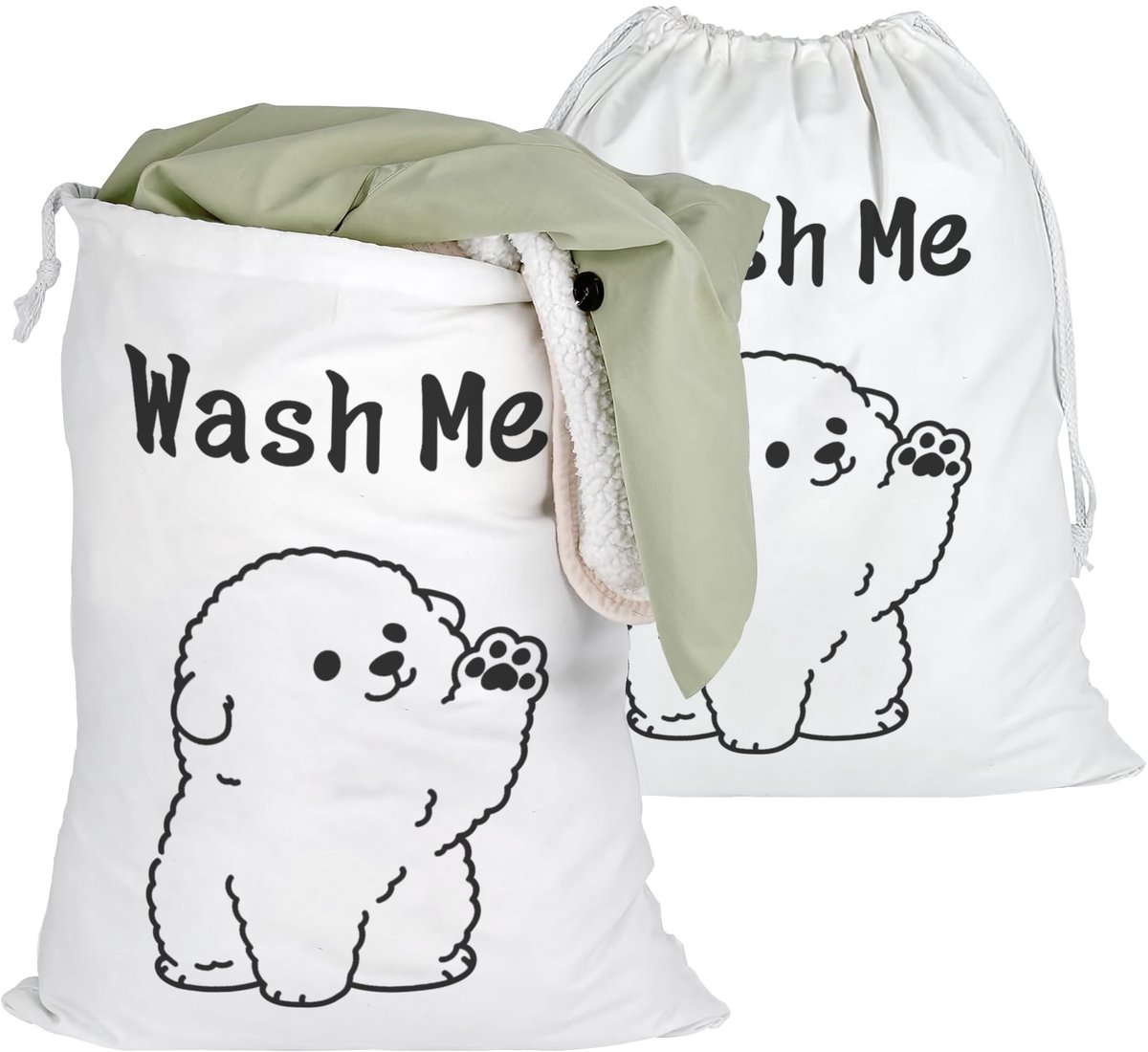 BRENZOOS- Waszak 50 x 60 cm - Waszakken 2 stuks - Waszak met hondenontwerp - Opbergzakken voor wasgoed - Katoenen waszakken - Duurzaam en robuust - Wasmand