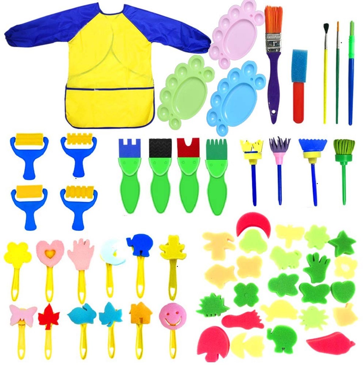 BRENZOOS- Schilderkwasten Set 57 Stuks - Spons/Schuim Borstels - Penselen voor Kinderen - Aquarel/Olie/Acryl - Waterdicht Schort - Veilig en Niet Giftig - Verfset