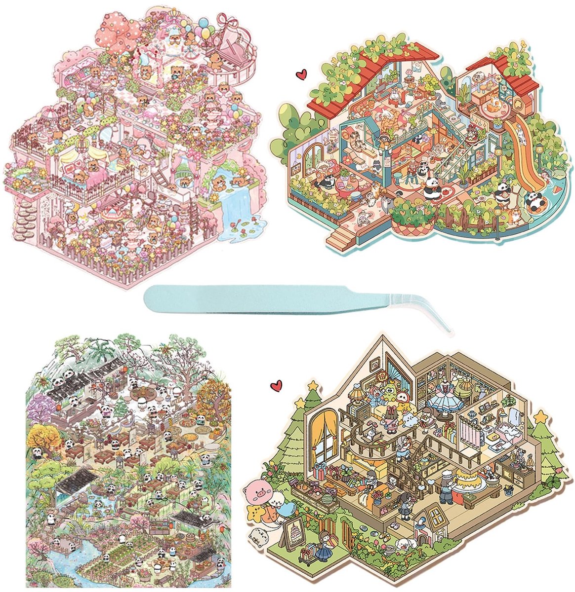 BRENZOOS- 3D-Stickers Grote Set - Doe-het-zelf Stickers - Cartoon Miniatuurhuis - Stickers voor Kinderen - Muurstickers - Hoogwaardige Papierkwaliteit - Muursticker