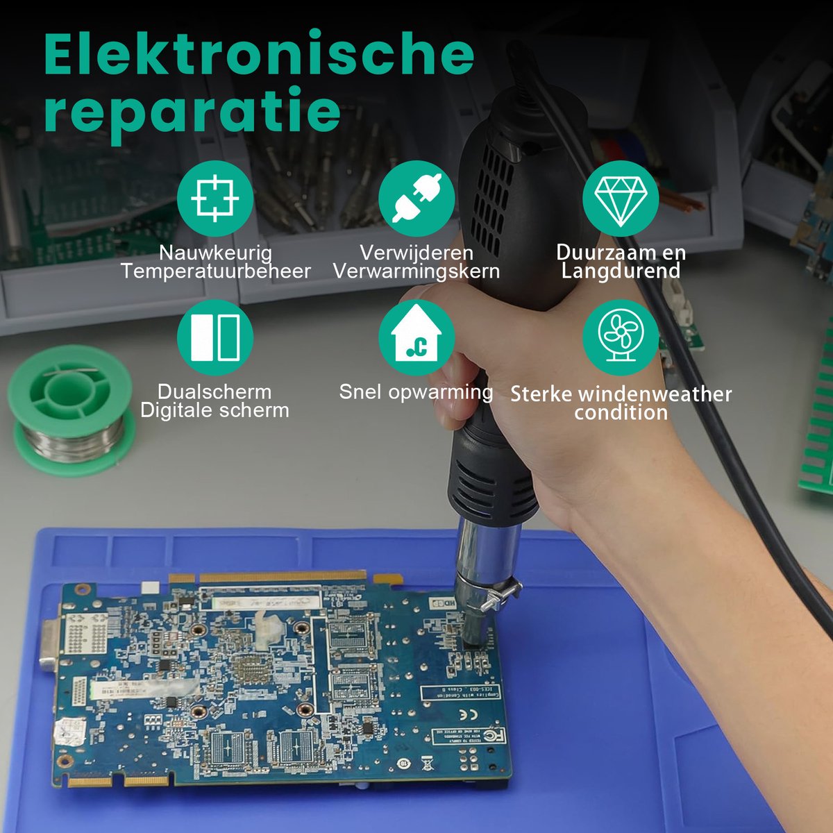 Hete Lucht Rework Station / Soldeerstation / 2-in-1 Desoldeerstation – 3 opzetstukken + standaard – Voor mobiele reparatie, elektronica, SMD, krimpkous, PCB – Professioneel hete luchtpistool + soldeerbout – Handleiding, EU-stekker, papieren doos – foto 6