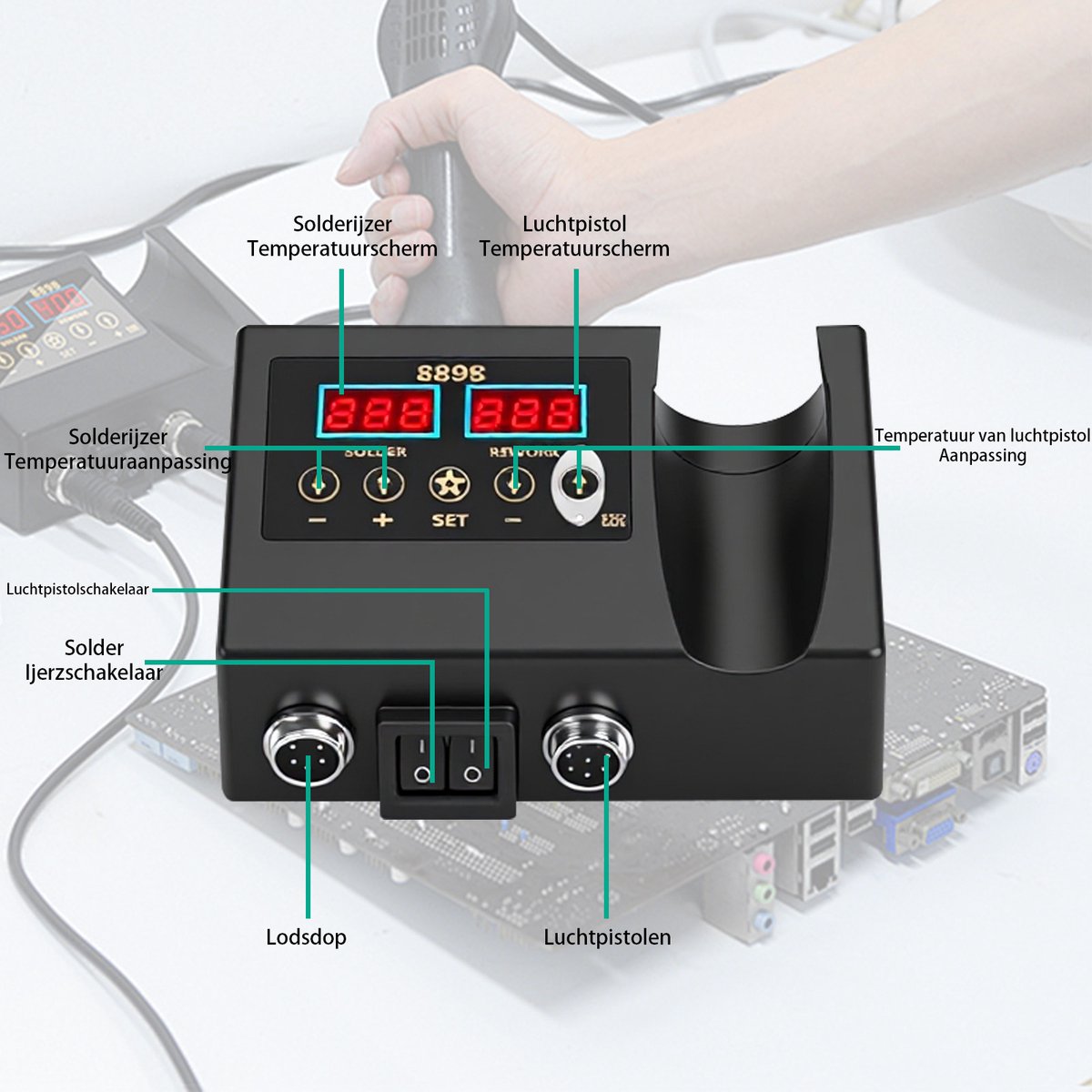 Hete Lucht Rework Station / Soldeerstation / 2-in-1 Desoldeerstation – 3 opzetstukken + standaard – Voor mobiele reparatie, elektronica, SMD, krimpkous, PCB – Professioneel hete luchtpistool + soldeerbout – Handleiding, EU-stekker, papieren doos – foto 5